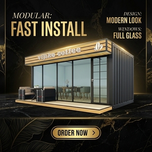 Moderna Caffetteria Prefabbricata in Container da 20 Piedi, Chiosco Mobile Personalizzabile con Fronte Completamente in Vetro - Product Image 5