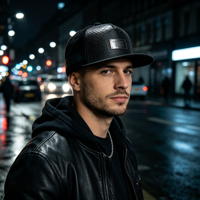 Casquette Snapback pour Hommes, Style Urbain Hip Hop Streetwear, Tenues de Soirée, Logo en Plaque Métallique, Visière Plate, Côtés en Daim, Motif Peau de Serpent Noir