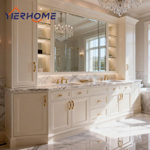 YIERHOME <span class=keywords><strong>Meuble</strong></span>-lavabo <span class=keywords><strong>double</strong></span> <span class=keywords><strong>vasque</strong></span> blanc de luxe moderne sur pied avec miroir, robinet et grand <span class=keywords><strong>meuble</strong></span> de rangement - Product Image 1
