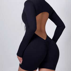 Combinaisons de sport pour femmes avec logo personnalisé, une pièce, manches longues, extensible, douce, compression, dos ouvert, légère, combinaison de yoga - Product Image 1