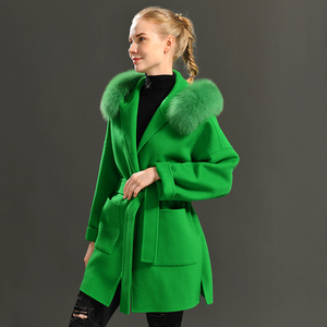 Cappotto in Lana Ecologico di Tendenza per Donna, Lussuoso Cappotto Oversize in Cashmere <span class=keywords><strong>con</strong></span> Collo in Vera <span class=keywords><strong>Pelliccia</strong></span> di Volpe e <span class=keywords><strong>Cappuccio</strong></span> - Product Image 1