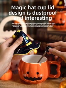 <span class=keywords><strong>Mug</strong></span> en céramique amusant et mignon en forme de citrouille pour Halloween, avec couvercle, fait main, portable, coffret cadeau pour petite amie et couple - Product Image 4
