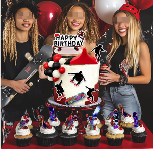 Décorations de gâteau pour fête d'<span class=keywords><strong>anniversaire</strong></span> sur le thème du skateboard, bannière, signe, cercle, points, décorations de cupcakes, autocollants, accessoires de photographie - Product Image 2