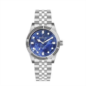 Montres-bracelets pour hommes en acier inoxydable 316L bicolore argenté avec cadran en nacre OEM, lunette cannelée et mouvement automatique 8215 - Product Image 3