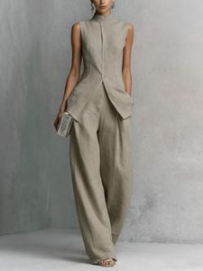 Completo da <span class=keywords><strong>donna</strong></span> in <span class=keywords><strong>lino</strong></span> due pezzi 2026: Top senza maniche con colletto alla coreana e bottoni, <span class=keywords><strong>pantaloni</strong></span> a gamba larga, outfit casual da ufficio - Product Image 2