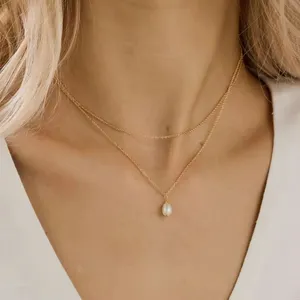Minimalist Wedding Jewelry Pearl Pendant Necklace Women Girls 18K Gold Plated Stainless Steel Double Layer Choker Chain Necklace