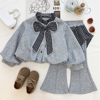 Ensemble 3 pièces tendance coréen pour filles : sweat-shirt à carreaux et pantalon évasé pour l'automne