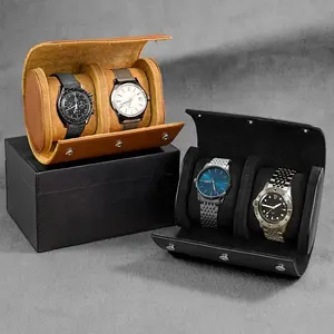 Kotak jam tangan perjalanan penjualan laris kotak jam tangan Travel bulat hitam coklat 2 Slot gulungan jam tangan kulit Logo kustom