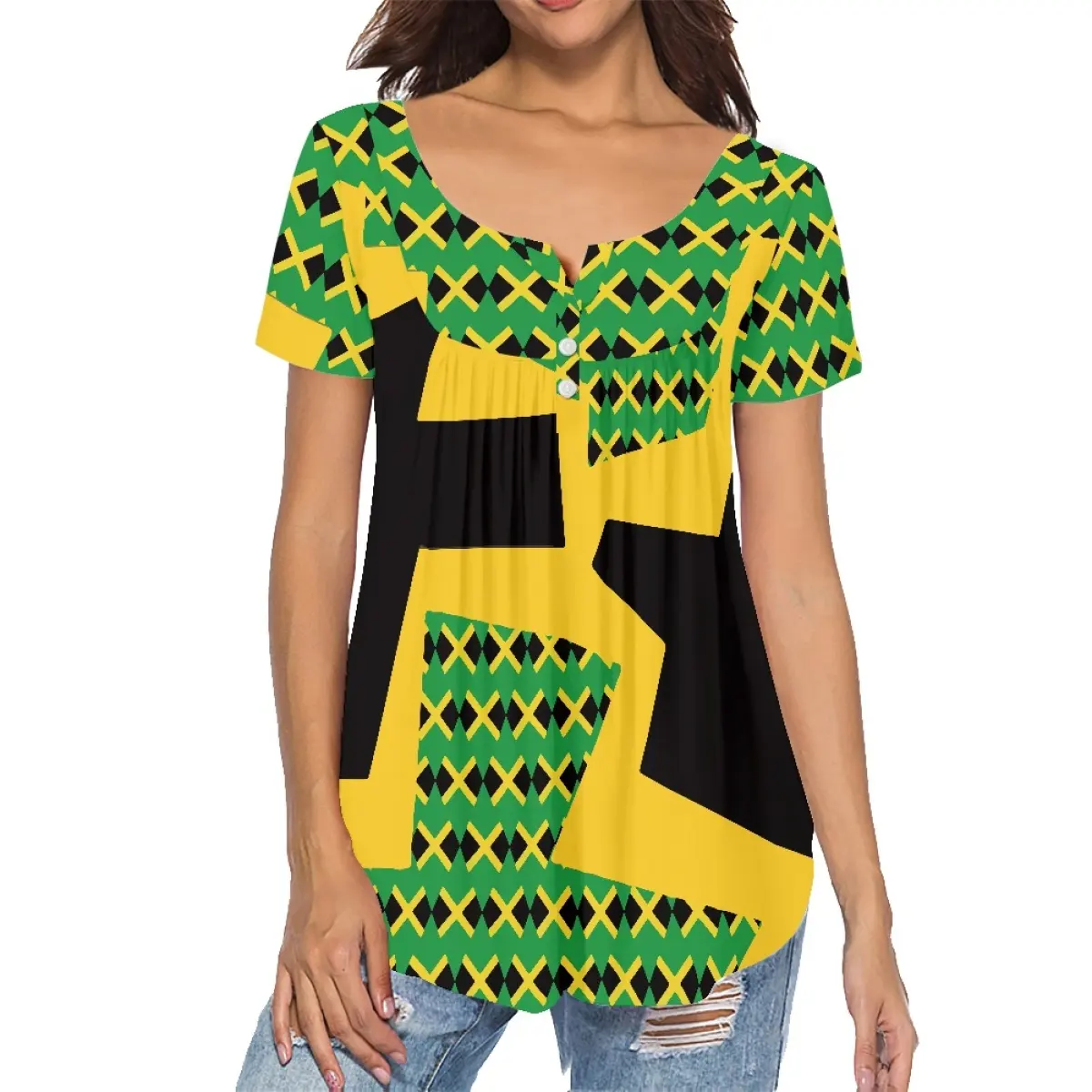Personalizzato giamaica abbigliamento camicette e camicie da donna di alta qualità all'ingrosso giamaica Flag Design camicie da donna camicette e top