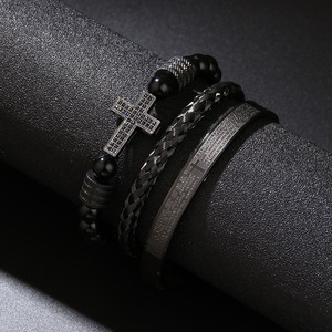 Ensemble de bracelets tressés en zircon croisé avec pierre noire, bande élastique, micro-incrustation, bijoux en alliage de zinc, cadeau, ensemble de trois pièces - Product Image 1