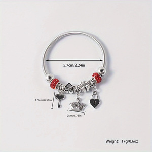Fashion Charm <b>Bracelet</b> Tibetan Silver Heart Crown Key Lock Pendant Beaded Spring Elastic Bangle Unisex Gift Jewelry - Product Image 4