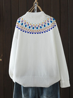 Pull en tricot Fair Isle pour femme, col rond, manches longues, motif géométrique, blanc