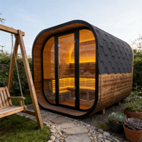 Sauna à vapeur carré extérieur pour 4 à 6 personnes, construction en épicéa carbonisé avec cadre noir, chauffage 6 kW, porte en verre trempé