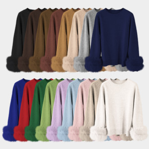 Nuovo Arrivo all'Ingrosso: Maglione Pullover da <span class=keywords><strong>Donna</strong></span> in 100% Lana, Colore Tinta Unita, Collo a O, con Polsini in Pelliccia di Volpe - Product Image 1