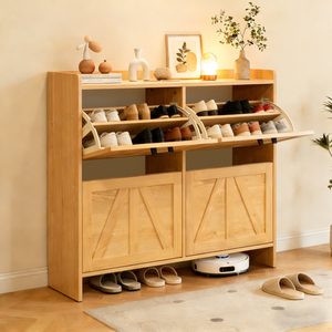 Light Oak Rustic Barn Door Shoe Cabinet 4 Flip Drawers Entryway Organizer Living Room <b>Storage</b> - Product Image 2