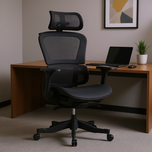 Chaise de bureau ergonomique à dossier haut en maille, appui-tête réglable, accoudoirs 4D, soutien lombaire, chaise de direction pivotante, noire - Product Image 2