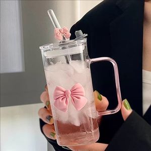 Yuyang bonito rosa arco retângulo copos de vidro com tampa e palha resistente ao calor caneca de vidro com design personalizado decoração meninas presente - Product Image 1