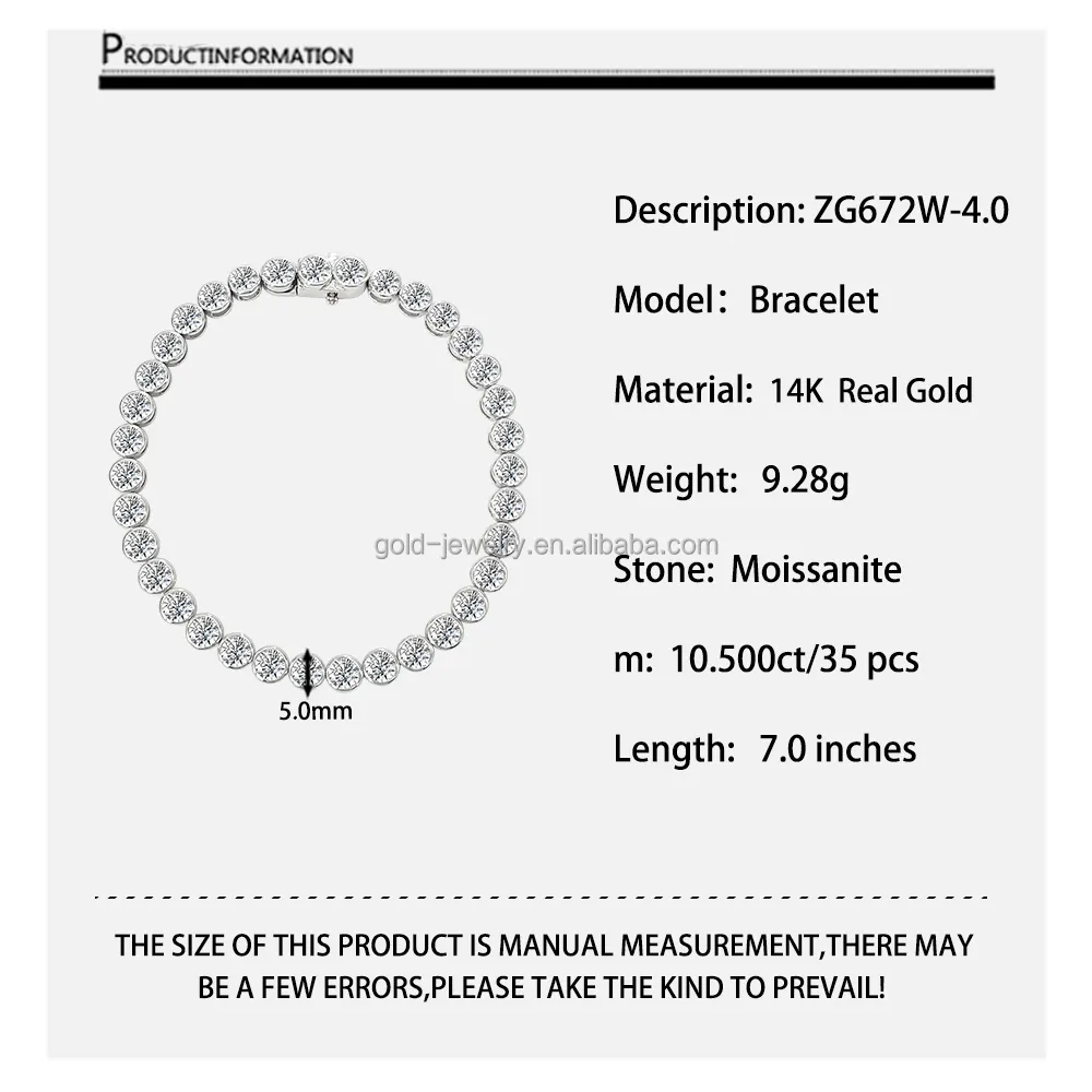 Yüksek kalite 3MM 4MM yuvarlak Moissanite elmas tenis bilekliği 14k saf beyaz altın takı