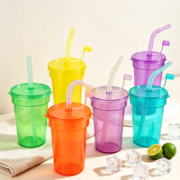 Gobelets de fête en plastique PP néon de 380 ml avec couvercle et paille spirale flexible pliable, empilables et réutilisables pour la plage et les fêtes