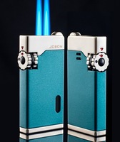 Encendedor de Gas Butano Moderno de Doble Chorro Azul, Diseño Metálico para Cigarros y Cigarrillos, Portátil, Resistente al Viento, con Batería de Litio
