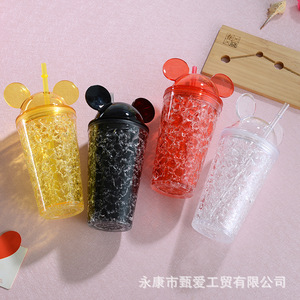 Mickey Mouse Double Layer Plastic Straw Cup With Lid And Straw Summer Ice Drinkware For Party Yellow And Clear Two Piece Set - Product Image 5