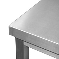 Plan de travail de cuisine professionnelle en acier inoxydable, table de préparation alimentaire à trois niveaux avec pieds carrés et panneau arrière