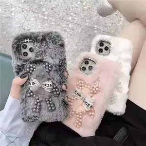 可爱3D熊保暖皮草套适用于iPhone 15 13 14 12 11 Pro Max镜头保护全覆盖毛绒女童手机套