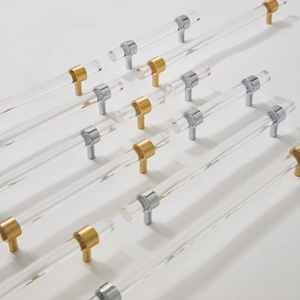 Poignées de meuble en laiton et acrylique transparent doré style Mid-Century, boutons de tiroir pour armoire, penderie et commode - Product Image 1