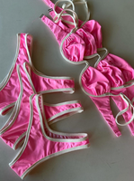 Ensemble de maillot de bain personnalisé pour femme, style halter, rayé, avec passepoil contrastant, armatures, lanières latérales, string, bimini, micro, haute qualité