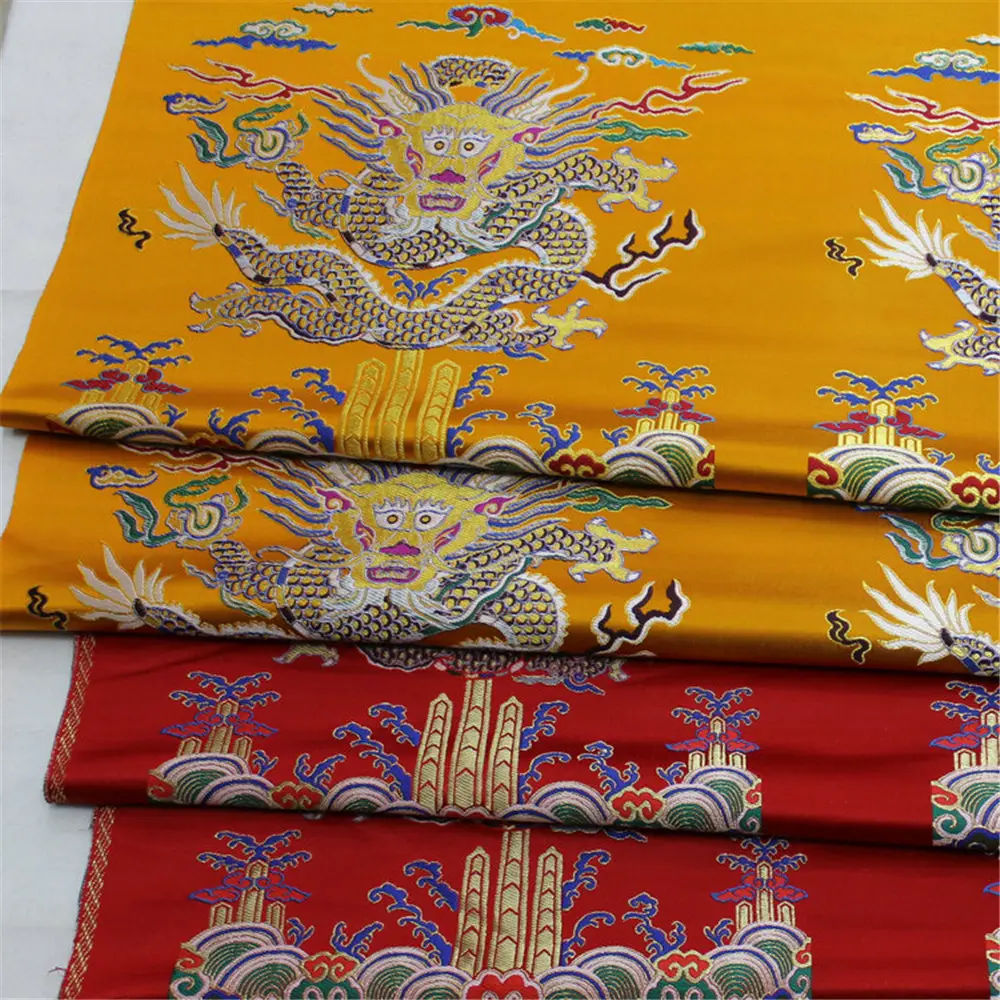 Tela brocada tradicional china, Jacquard de dragón de lujo, oro rojo, 75cm, bordado para boda, novia, sofá, textil para el hogar