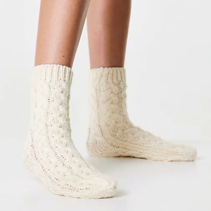 <b>Cream</b> Knitted Knee High <b>Socks</b> 100% Cotton Standard Warm Autumn Casual Breathable Solid Eco-Friendly Anti-Slip for Adults - Product Image 1