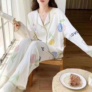 طقم بيجامة نسائي ربيعي بأكمام طويلة وسروال طويل من قطن كلاود، طقم كاجوال من قطعتين بياقة مطوية، ملابس منزلية وملابس استرخاء لطيفة - Product Image 4