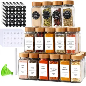 24 Pcs Glass Spice Jars With Labels 4oz Empty Square Spice Bottles Containers Condiment Pot With Label Bamboo Lid