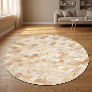 Tapis rond en peau de vache, design patchwork, style moderne, tapis de salon en cuir fait main, avec dos antidérapant en caoutchouc - Product Image 1