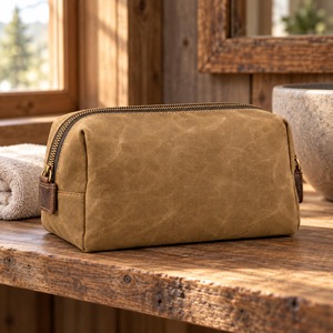 Dopp Kit Waxed Canvas Wide Mouth <b>Toiletry</b> <b>Bag</b> Brass Tone Zipper 25x14x13cm <b>Men</b> Grooming Custom Logo - Product Image 1