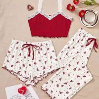 Ensemble pyjama trois pièces en tricot doux et extensible pour femme IStapromo Gifts, imprimé cœur, taille élastique, longueur genou, été