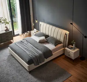Design personalizado mdf luxuoso francês moderno, atacado branco nórdico móveis king tamanho cama dupla de couro
