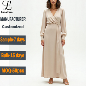 Abito Formale di Alta Qualità per Donne, Manica Lunga, Elegante, da Ufficio, in Chiffon, Maxi con Cintura, Tinta Unita, Stile Vintage - Product Image 1