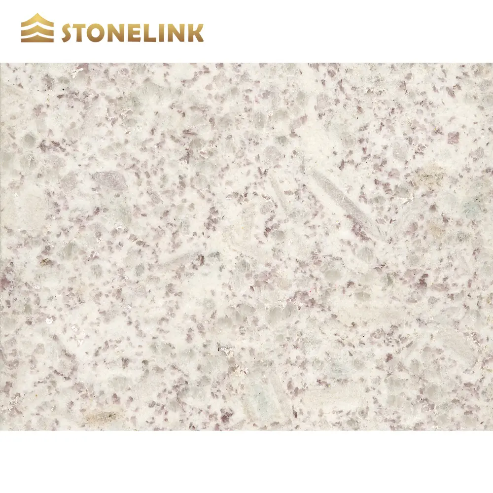 Grandes plaques de granit blanc perle avec taches violettes pour comptoirs, finition martelée, carreaux de sol en granit blanc