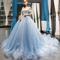 Nouvelle Robe de Bal Classique Princesse Épaules Dénudées avec Appliques en Dentelle et Petite Traîne, Taille Personnalisée, Robes de Quinceañera Bleues