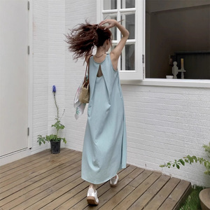 Sleeveless Women's Summer Halter Maxi Dress Bean Green Apricot Solid Color Loose Fit Beach Cover Up - Product Image 4
