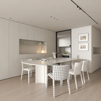 Cuisine sur mesure minimaliste blanche, armoires modulaires sans poignées avec crédence en carreaux pour appartement