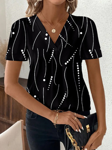 Blusa Casual para <span class=keywords><strong>Mujer</strong></span>, Estampado Abstracto de Rayas, Manga Corta, Cuello en V - Product Image 6