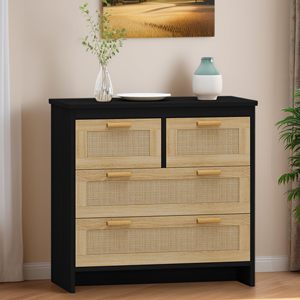 <span class=keywords><strong>Commode</strong></span> à 4 tiroirs, <span class=keywords><strong>commode</strong></span> en rotin <span class=keywords><strong>noir</strong></span> avec poignées en <span class=keywords><strong>métal</strong></span>, <span class=keywords><strong>commode</strong></span> d'entrée pour chambre à coucher - Product Image 6
