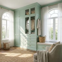 Aige Custom American Country Mint Green Flat Panel Walk-in Closet MDF Door Drawer Custom Built-in Wardrobe Window Bench Villa