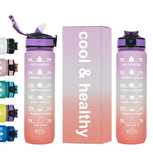 새로운 디자인 BPA 무료 1L 2 리터 플라스틱 대용량 체육관 스포츠 동기 부여 물병 빨대와 시간 마커