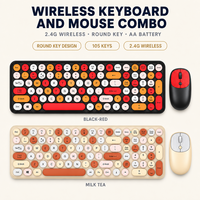 Ensemble clavier et souris sans fil 2,4 G, touches rondes colorées, taille standard, 105 touches, piles AA, pour bureau