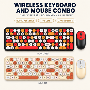 Ensemble <span class=keywords><strong>clavier</strong></span> <span class=keywords><strong>et</strong></span> <span class=keywords><strong>souris</strong></span> <span class=keywords><strong>sans</strong></span> <span class=keywords><strong>fil</strong></span> 2,4 G, touches rondes colorées, taille standard, 105 touches, piles AA, pour bureau - Product Image 1