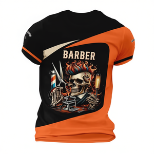 Camiseta de Barbero con Estampado de Calavera y Cabello en Llamas, Negra y Naranja, Estampado Completo, Unisex, Jersey con Gráficos de Barbería - Product Image 2