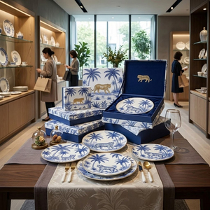 Juego de Vajilla de Cerámica Personalizado al por Mayor, Plato de Porcelana con Diseño de Tigre, Borde Dorado de Lujo, Juego de Vajilla de Porcelana China Blanca y Azul con Diseño de Selva - Product Image 2